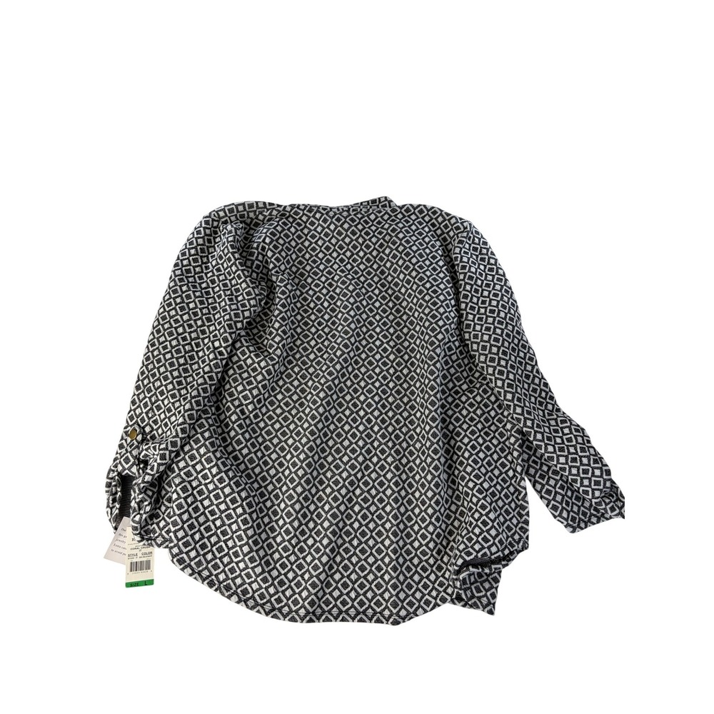 Ruby Rd Cardigan Womens Large Woven Jacquard Geometric Open Front Grey White NWT - Picture 3 of 7